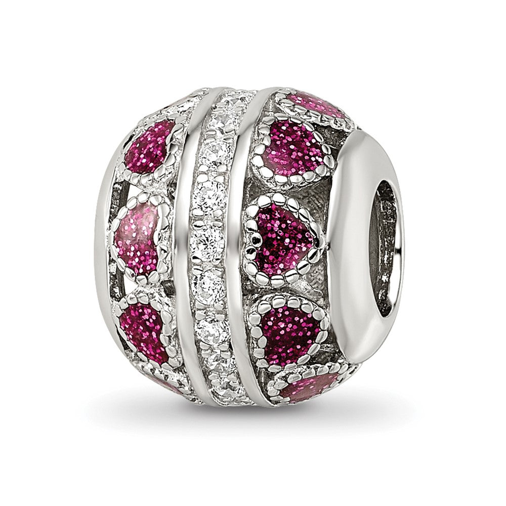 Sterling Silver Reflections Rh-plated Pink Enamel Hearts & CZ Circle Bead, 11.4 x 9.88 mm