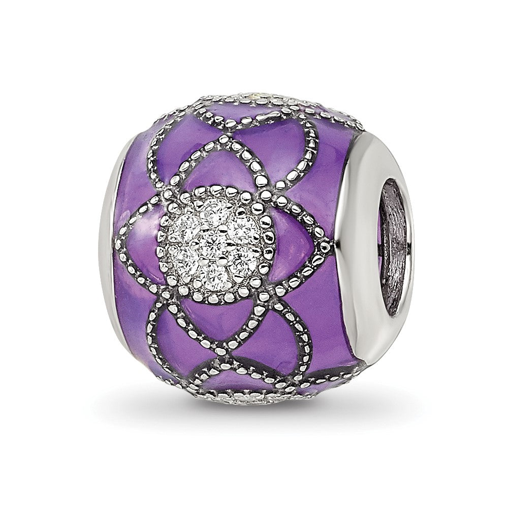 Sterling Silver Reflections Rh-plated CZs Purple Enameled Bead, 11.11 x 9.93 mm