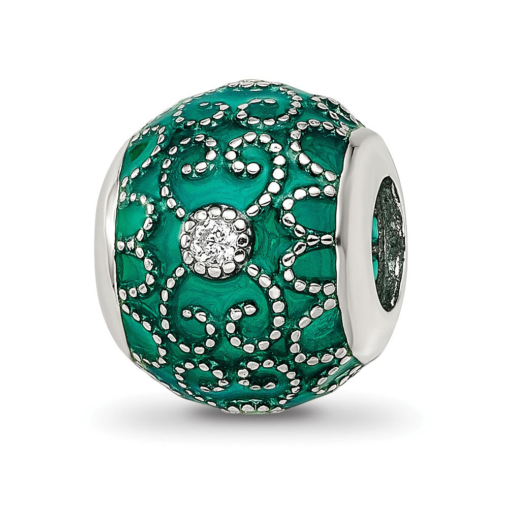 Sterling Silver Reflections Rh-plated CZs Green Enameled Bead, 11.46 x 10.05 mm