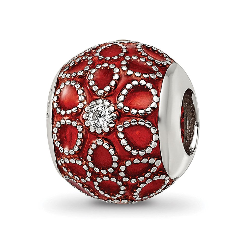 Sterling Silver Reflections Rh-plated CZs Orange Enameled Bead, 11.31 x 9.91 mm