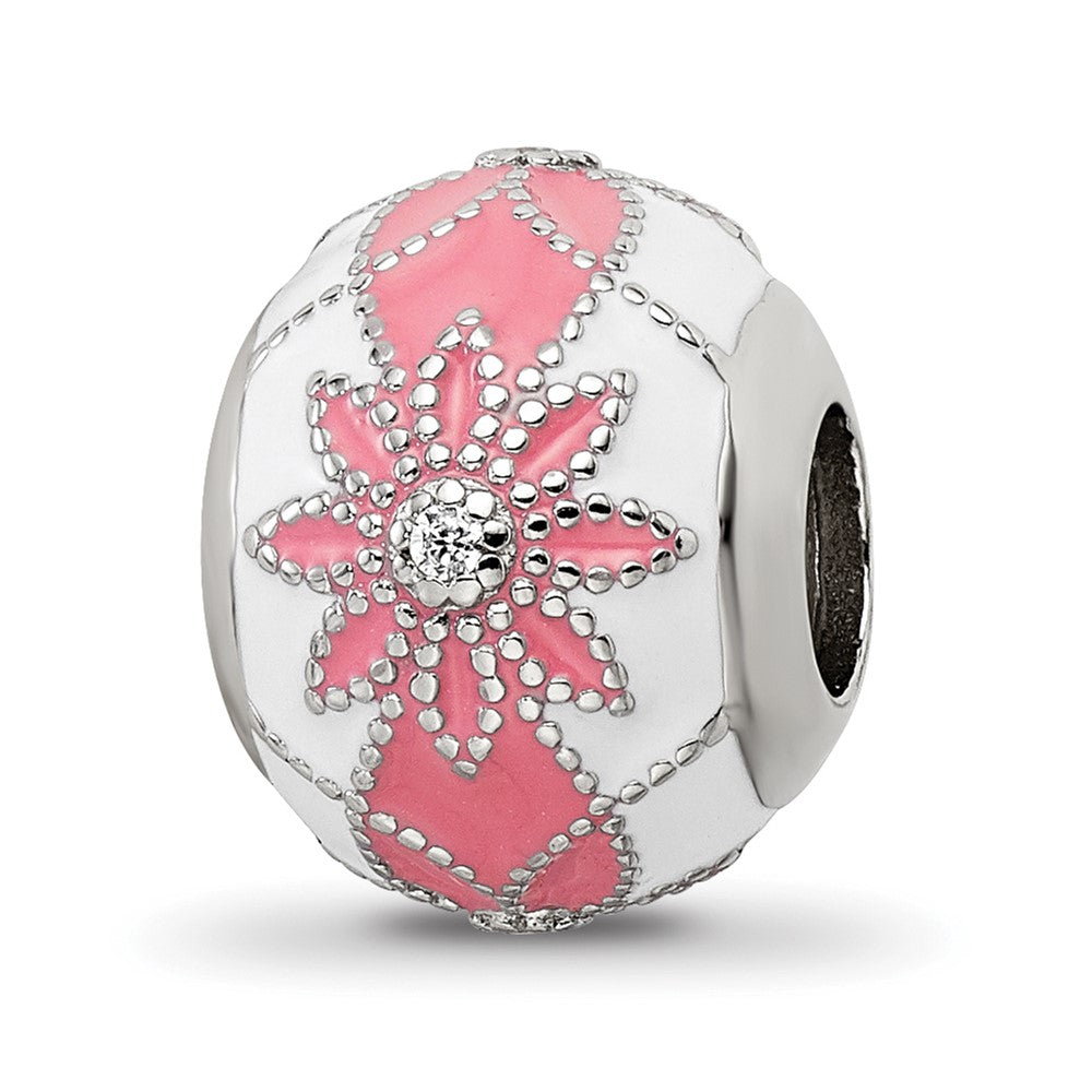 Sterling Silver Reflections Rh-plated CZ White & Pink Enamel Flowers Bead, 11.79 x 9.73 mm
