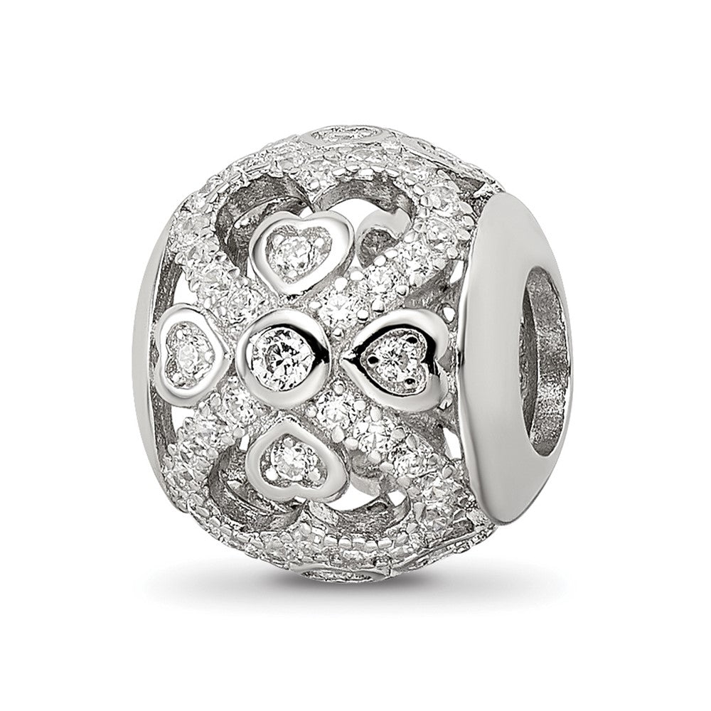 Sterling Silver Reflections Rhodium-plated CZ with Hearts Bead, 11.29 x 10.13 mm