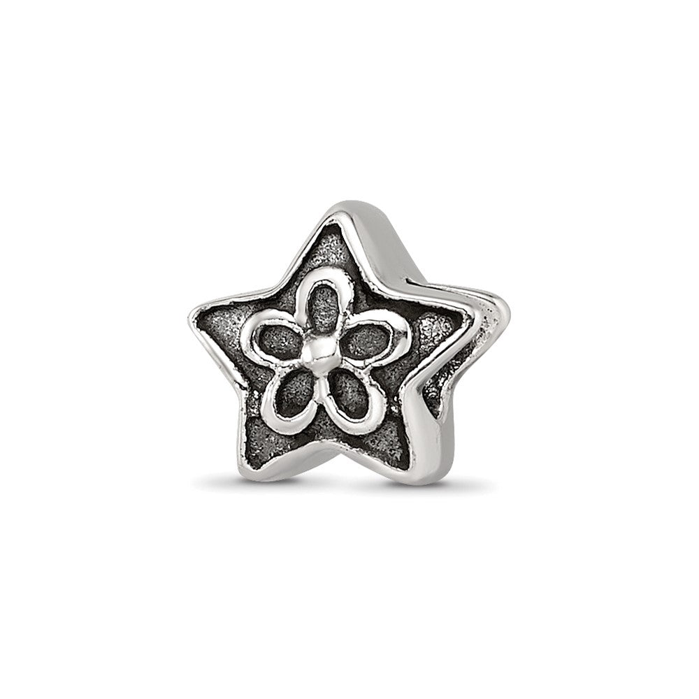 Sterling Silver Reflections Antiqued Star with Flower Kids Bead, 7.05 x 7.05 mm