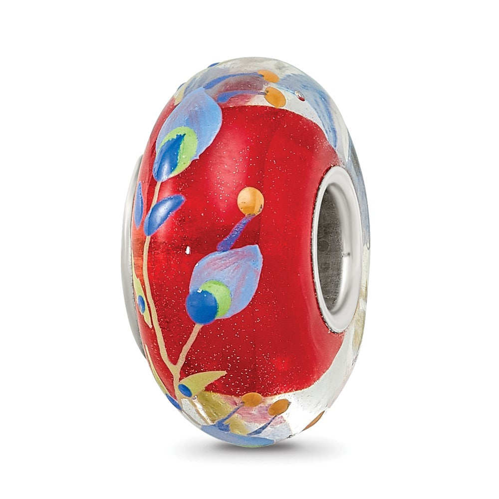 Sterling Silver Reflections Hand Painted Feathers, Clear & Red Glass Bead, 15.02 x 7.64 mm