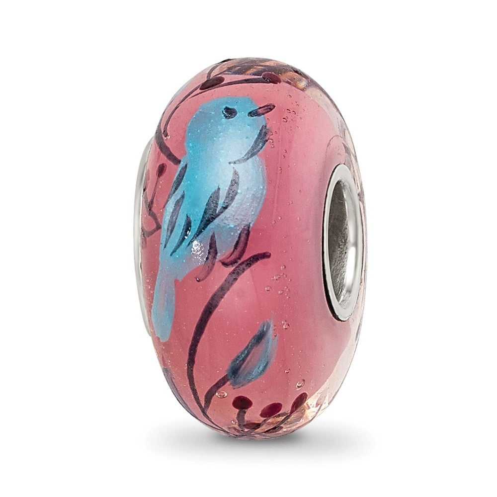 Sterling Silver Reflections Hand Painted Bird, Clear & Rose Glass Bead, 14.86 x 7.39 mm