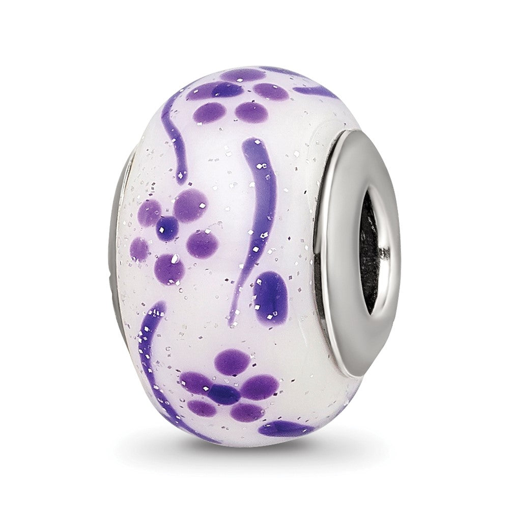 Sterling Silver Reflections Purple Glitter Flower Italian Glass Bead, 14.42 x 9.88 mm