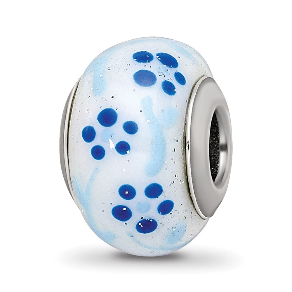 Sterling Silver Reflections Blue Glitter Flower Italian Glass Bead, 13.59 x 9.78 mm