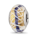 Sterling Silver Reflections White Weaved w/Blue Stripe Glass Bead, 13.86 x 9.65 mm