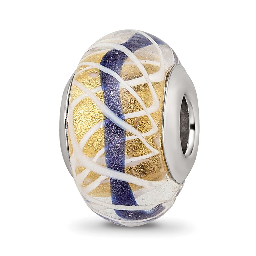 Sterling Silver Reflections White Weaved w/Blue Stripe Glass Bead, 13.86 x 9.65 mm