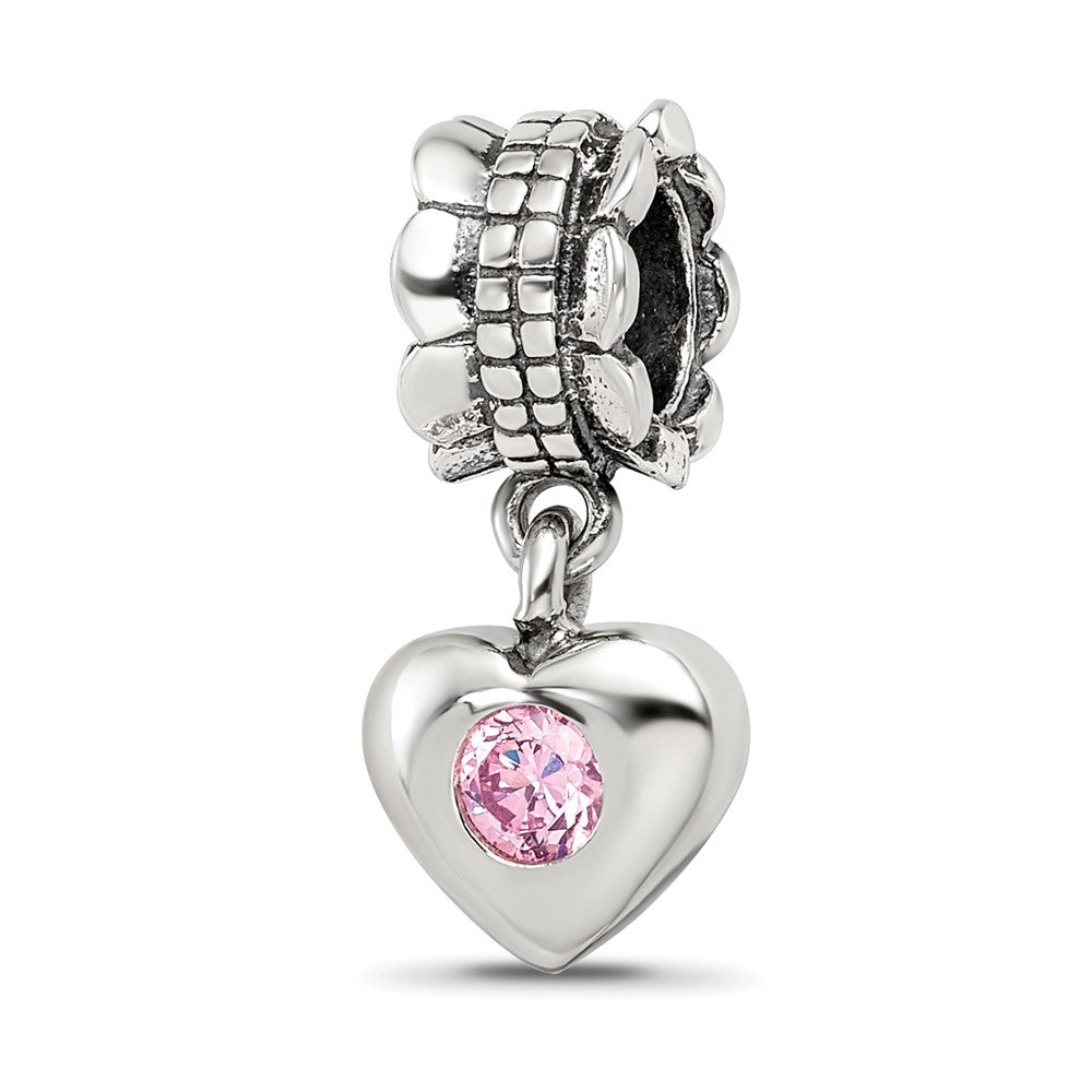 Sterling Silver Reflections Pink CZ Heart Dangle Bead, 20.91 x 5.45 mm
