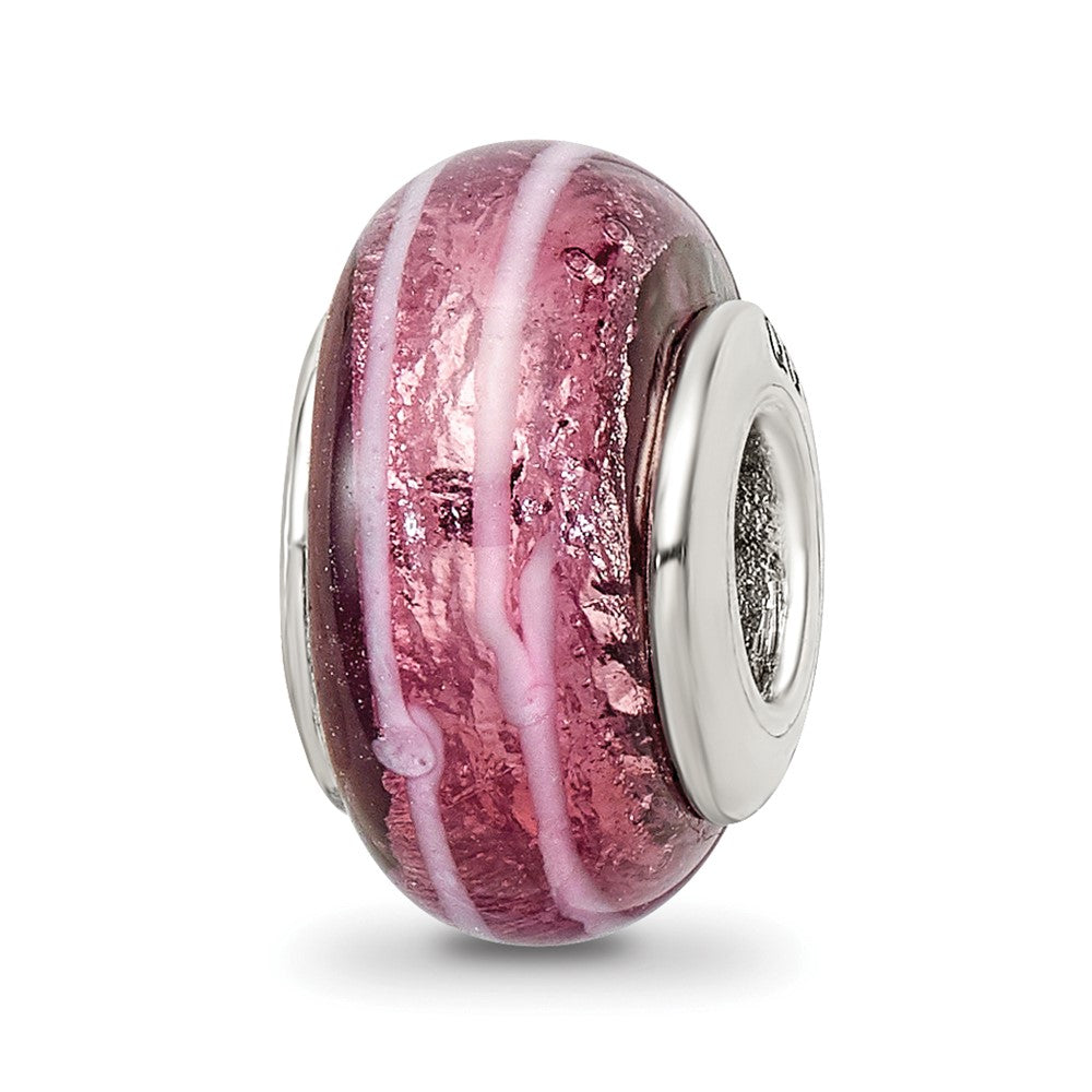Sterling Silver Reflections Dark Pink Hand-blown Glass Bead, 13.64 x 7.27 mm