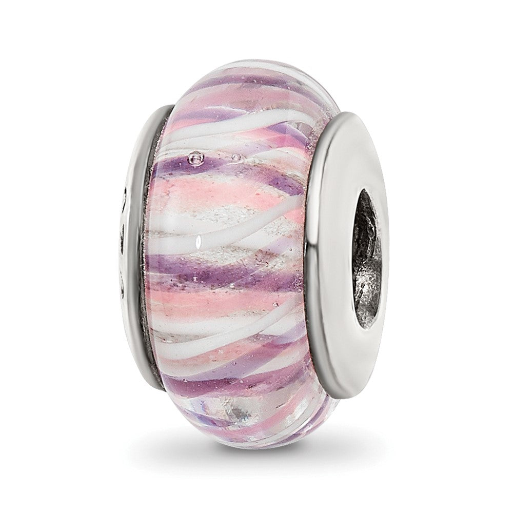 Sterling Silver Reflections Rose Striped Hand-blown Glass Bead, 13.64 x 7.27 mm