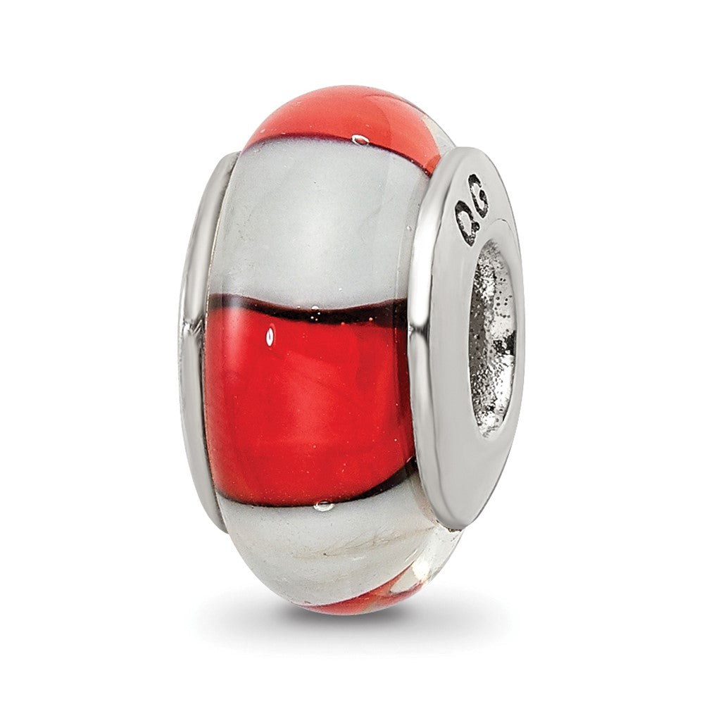 Sterling Silver Reflections Red/White Hand-blown Glass Bead, 13.64 x 7.27 mm