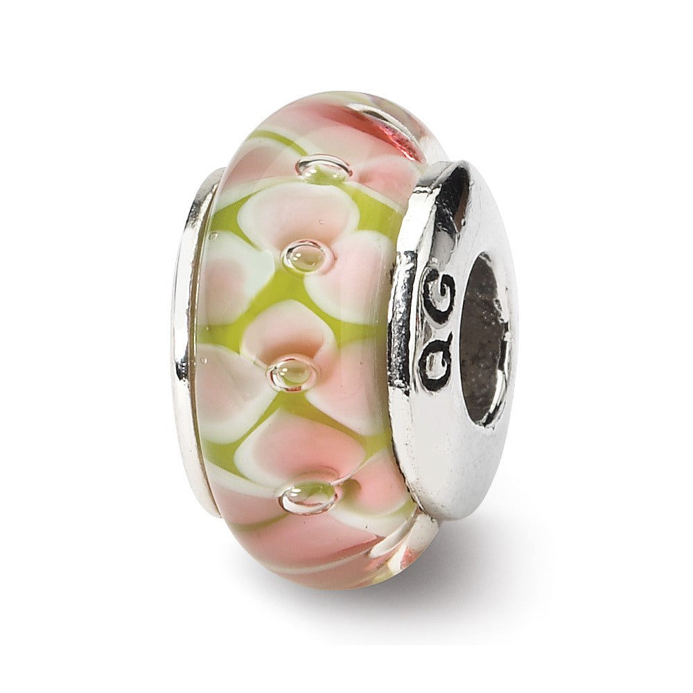 Sterling Silver Reflections Pink Floral Hand-blown Glass Bead, 13.64 x 7.27 mm