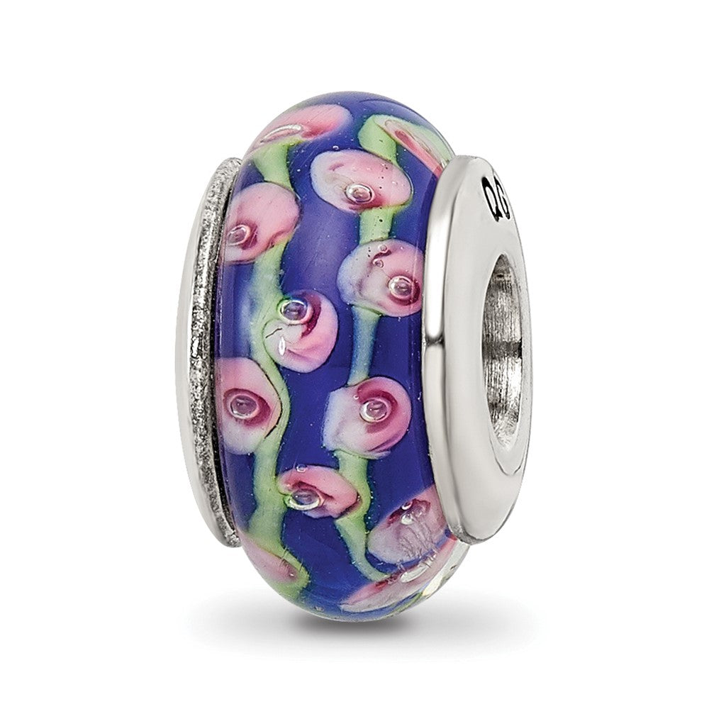Sterling Silver Reflections Blue Floral Hand-blown Glass Bead, 13.64 x 7.27 mm