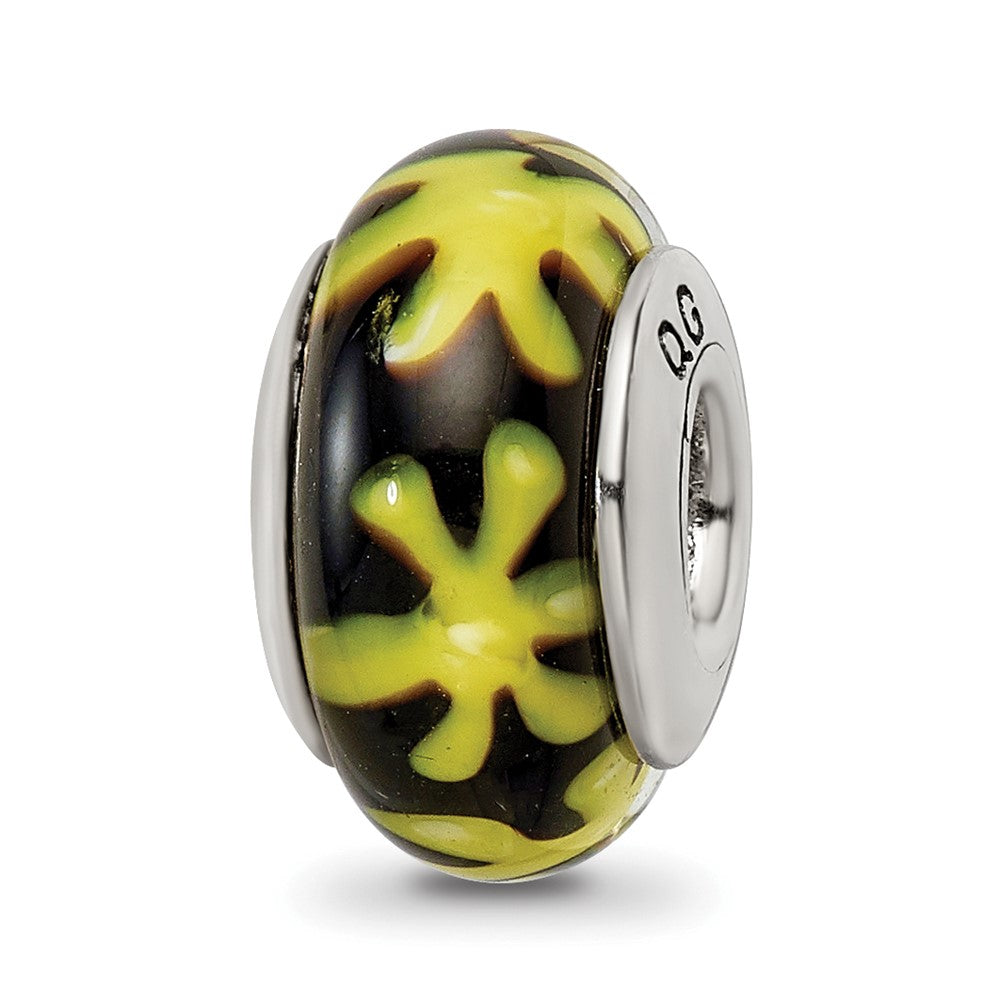 Sterling Silver Reflections Yellow/Black Hand-blown Glass Bead, 13.64 x 7.27 mm