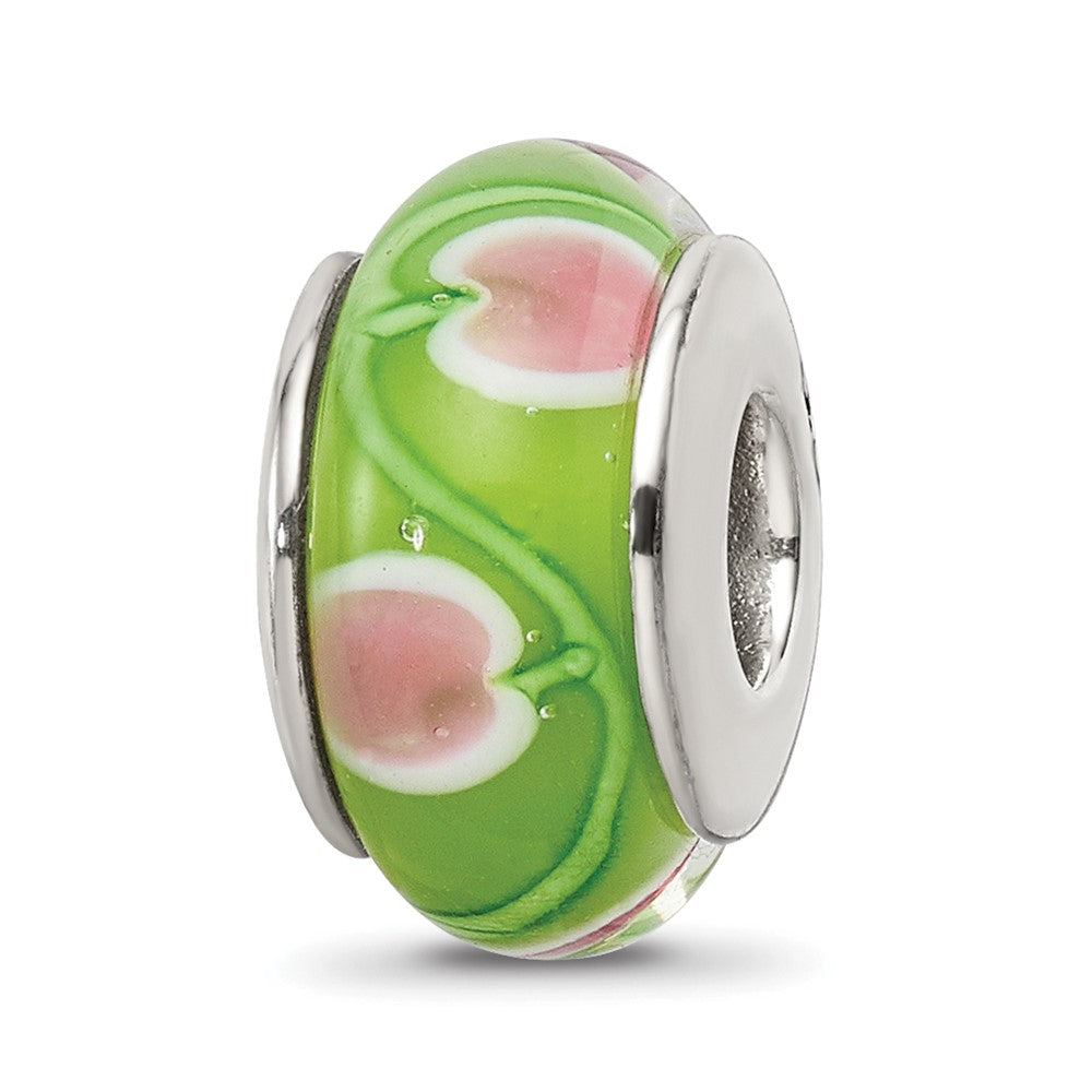 Sterling Silver Reflections Green/Pink Hand-blown Glass Bead, 13.64 x 7.27 mm, 1.17 g - ID5S9QRS6498L7