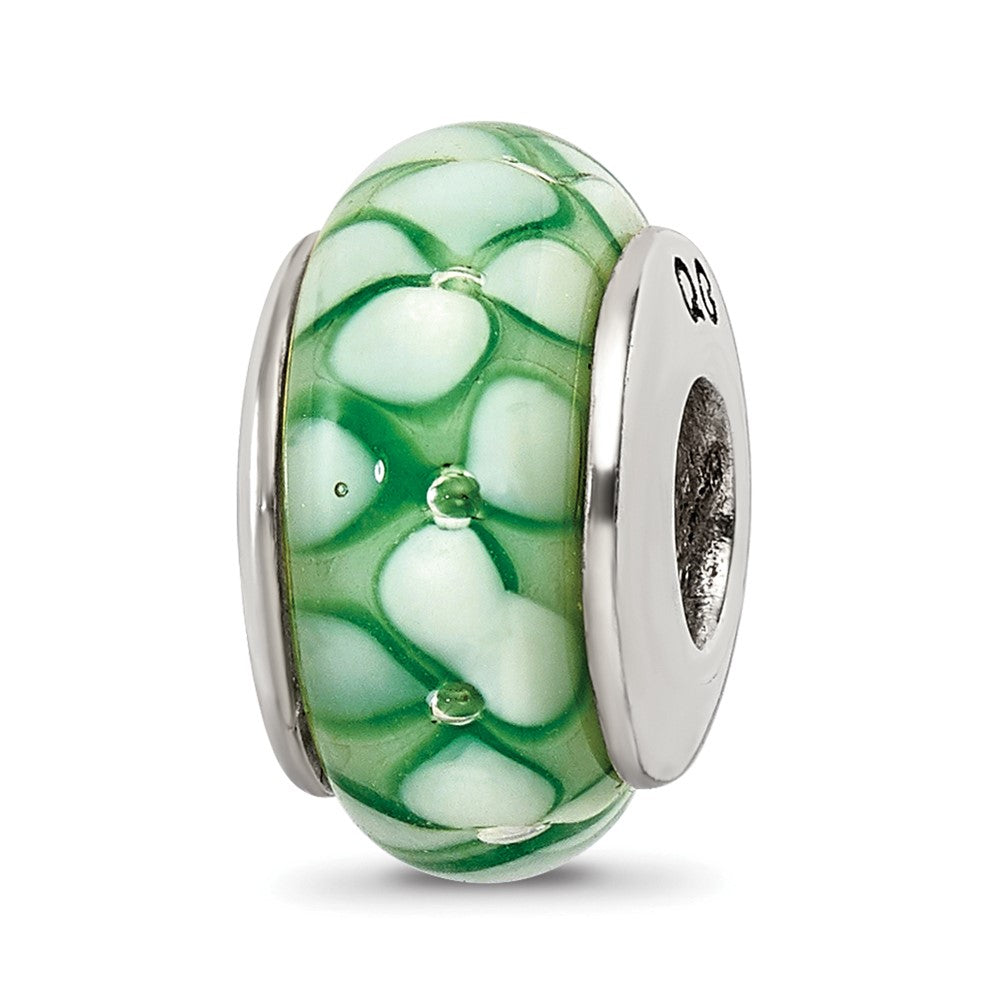 Sterling Silver Reflections Green Floral Hand-blown Glass Bead, 13.64 x 7.27 mm