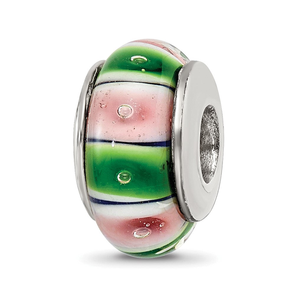 Sterling Silver Reflections Green/Pink Hand-blown Glass Bead, 13.64 x 7.27 mm, 1.17 g - ID5S9QRS6568L7