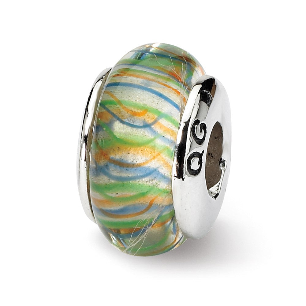 Sterling Silver Reflections Green Pastel Striped Hand-blown Glass Bead, 13.64 x 7.27 mm