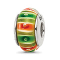 Sterling Silver Reflections Green/Orange Hand-blown Glass Bead, 13.64 x 7.27 mm
