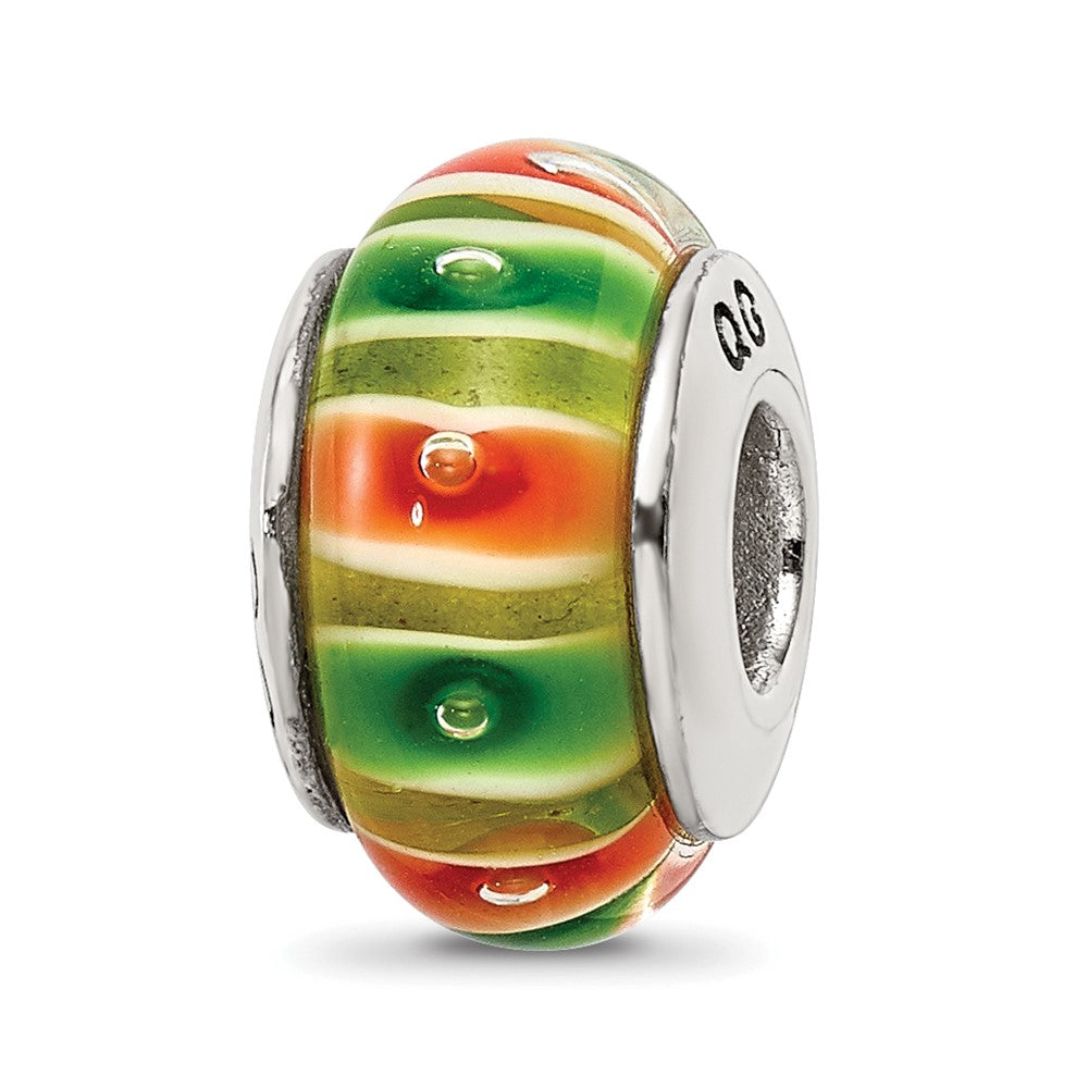 Sterling Silver Reflections Green/Orange Hand-blown Glass Bead, 13.64 x 7.27 mm