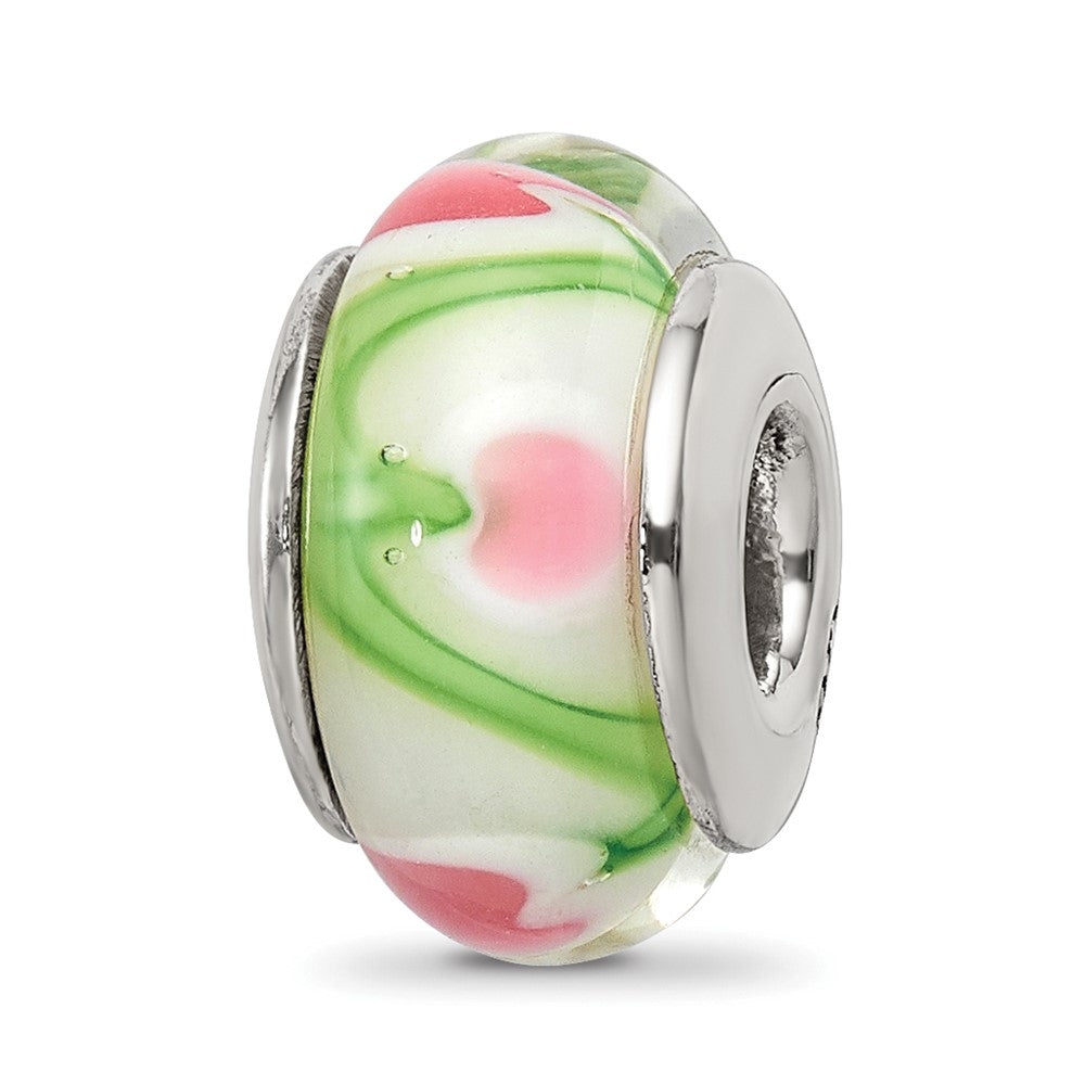 Sterling Silver Reflections White/Pink/Green Hand-blown Glass Bead, 13.64 x 7.27 mm
