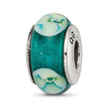 Sterling Silver Reflections Blueish Green Floral Hand-blown Glass Bead, 13.64 x 7.27 mm