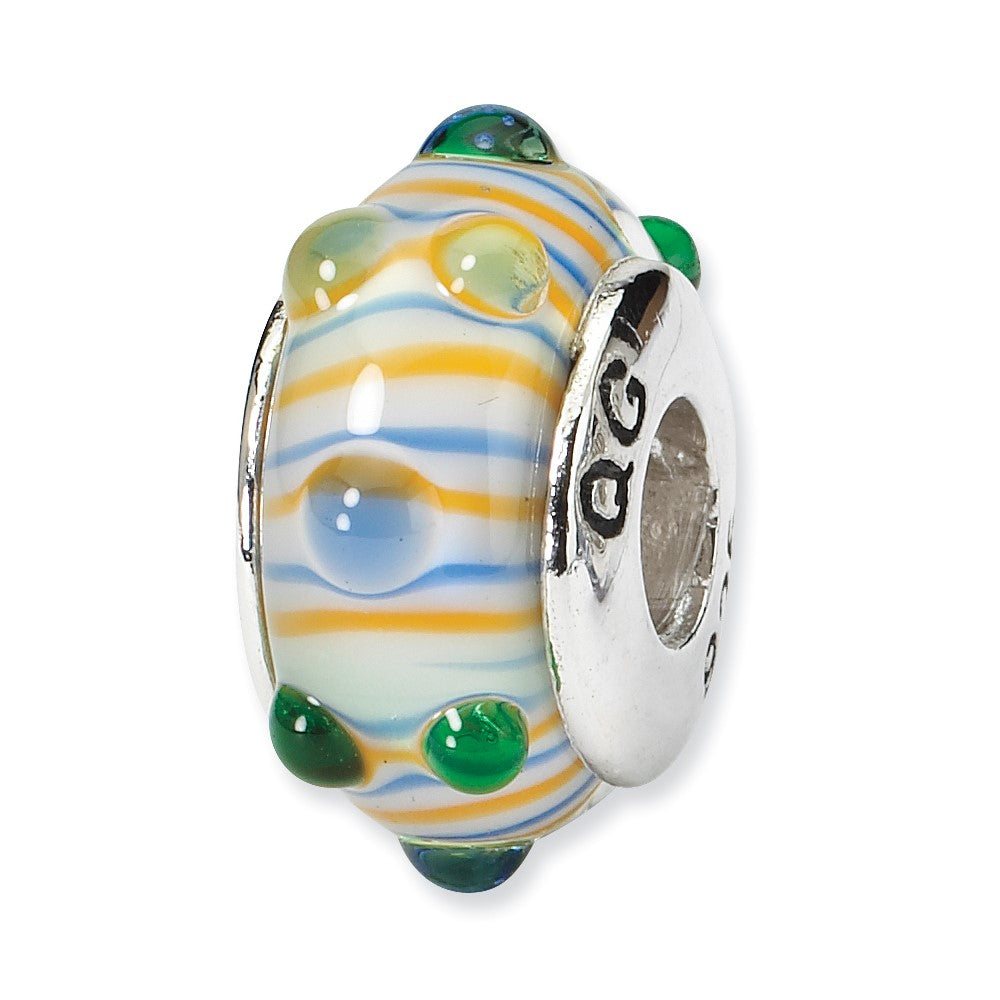 Sterling Silver Reflections Blue/ Green/Yellow Hand-blown Glass Bead, 13.64 x 7.27 mm