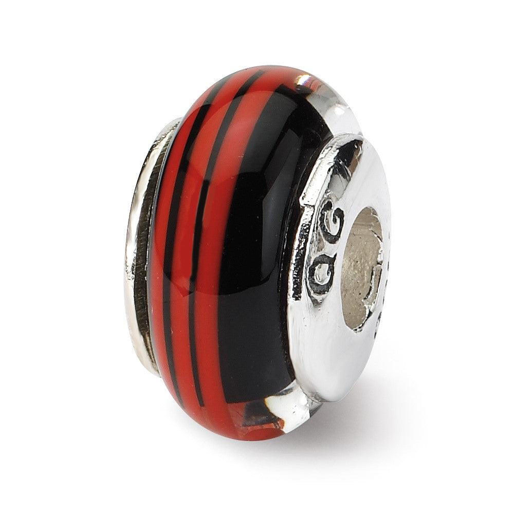 Sterling Silver Reflections Black/Red Hand-blown Glass Bead, 13.64 x 7.27 mm