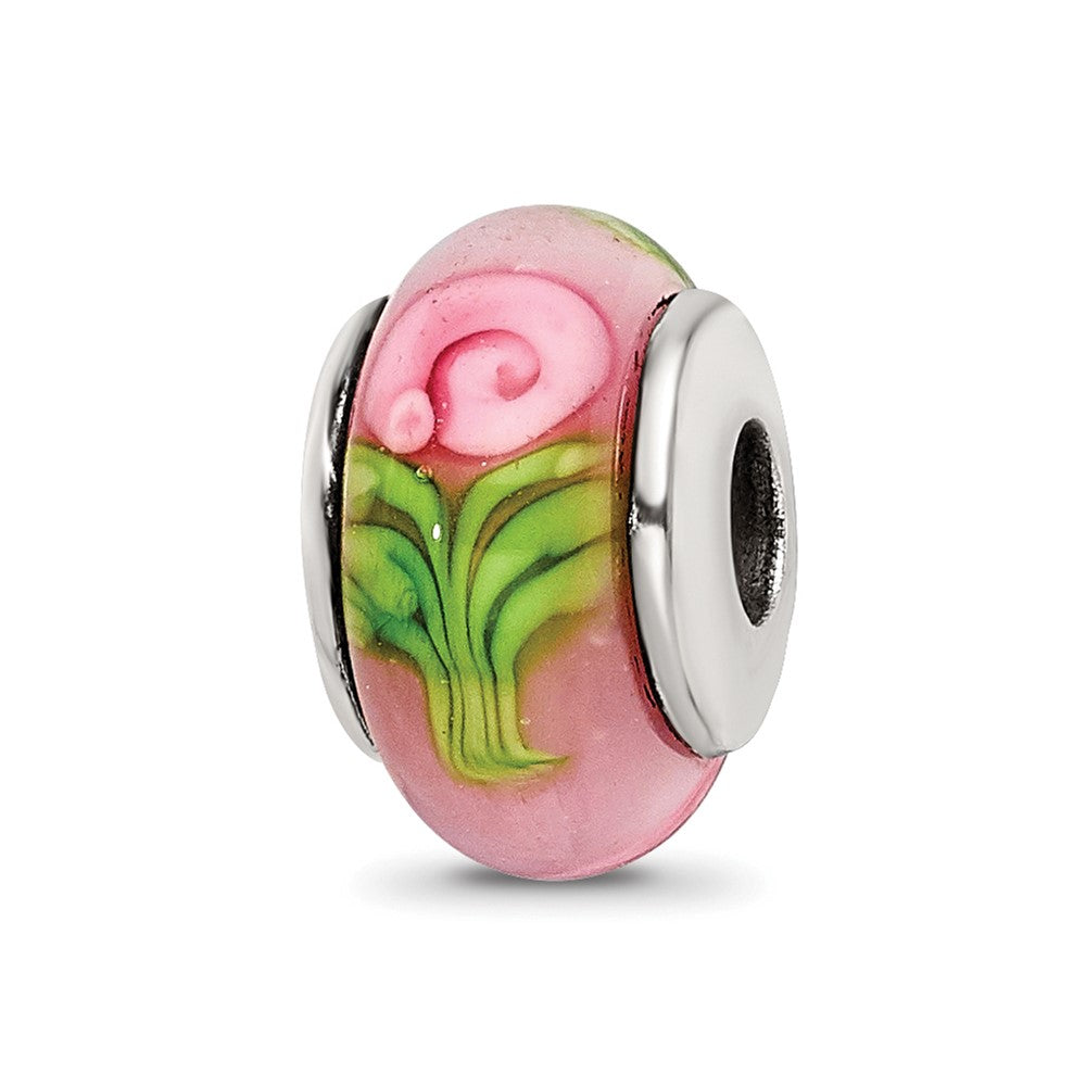Kids Collection Sterling Silver Hand-blown Pink with Flower Pattern Glass Reflections Bead, 11.82 x 6.36 mm