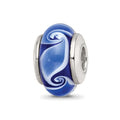 Kids Collection Sterling Silver Hand-blown Blue Glass Wave Pattern Reflections Bead, 11.82 x 6.36 mm