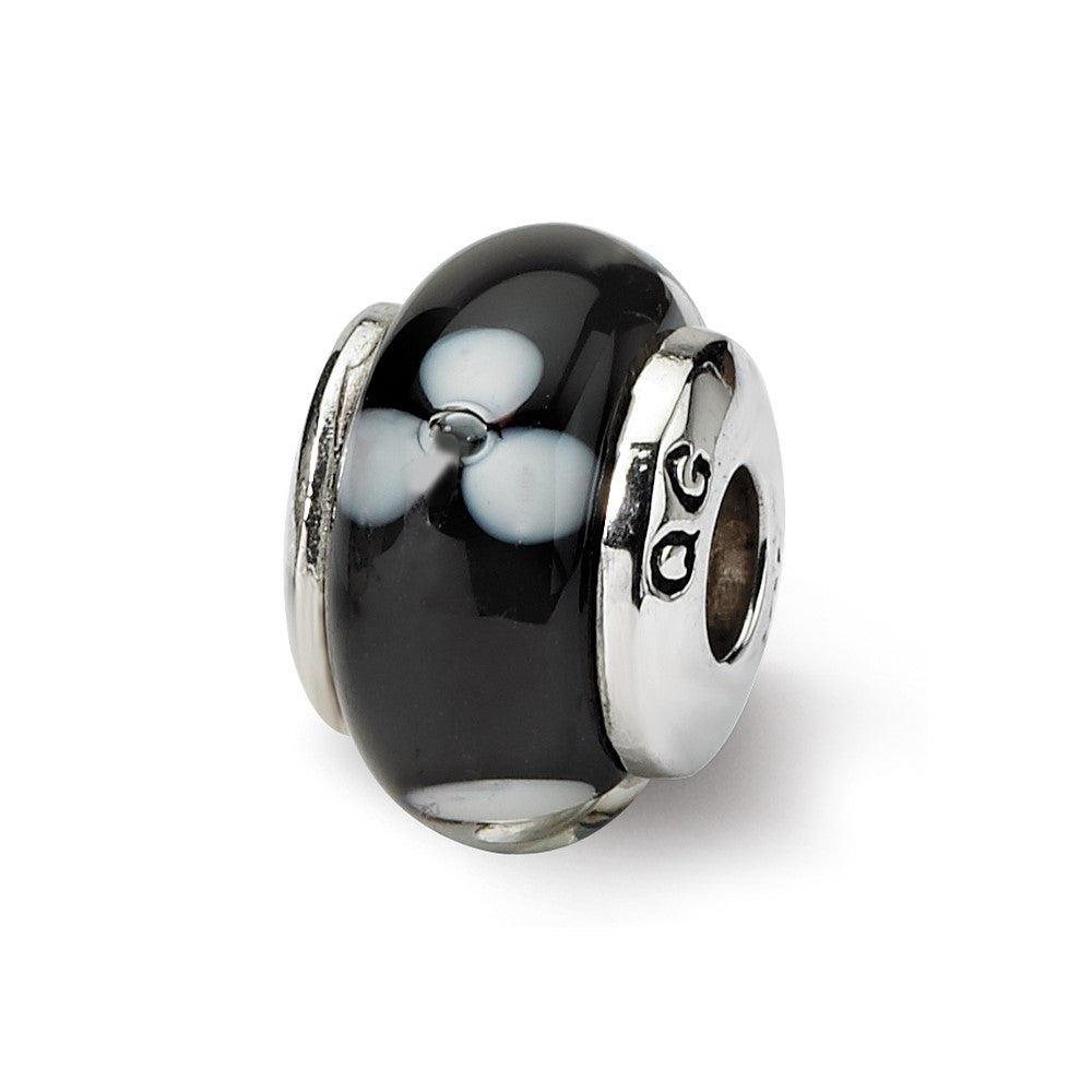 Sterling Silver Reflections Kids Black Hand-blown Glass Bead, 11.82 x 6.36 mm