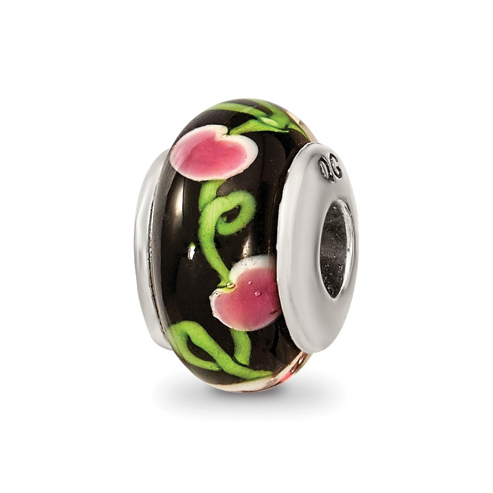 Kids Collection Sterling Silver Hand-blown Black with Floral Pattern Glass Reflections Bead, 11.82 x 6.36 mm