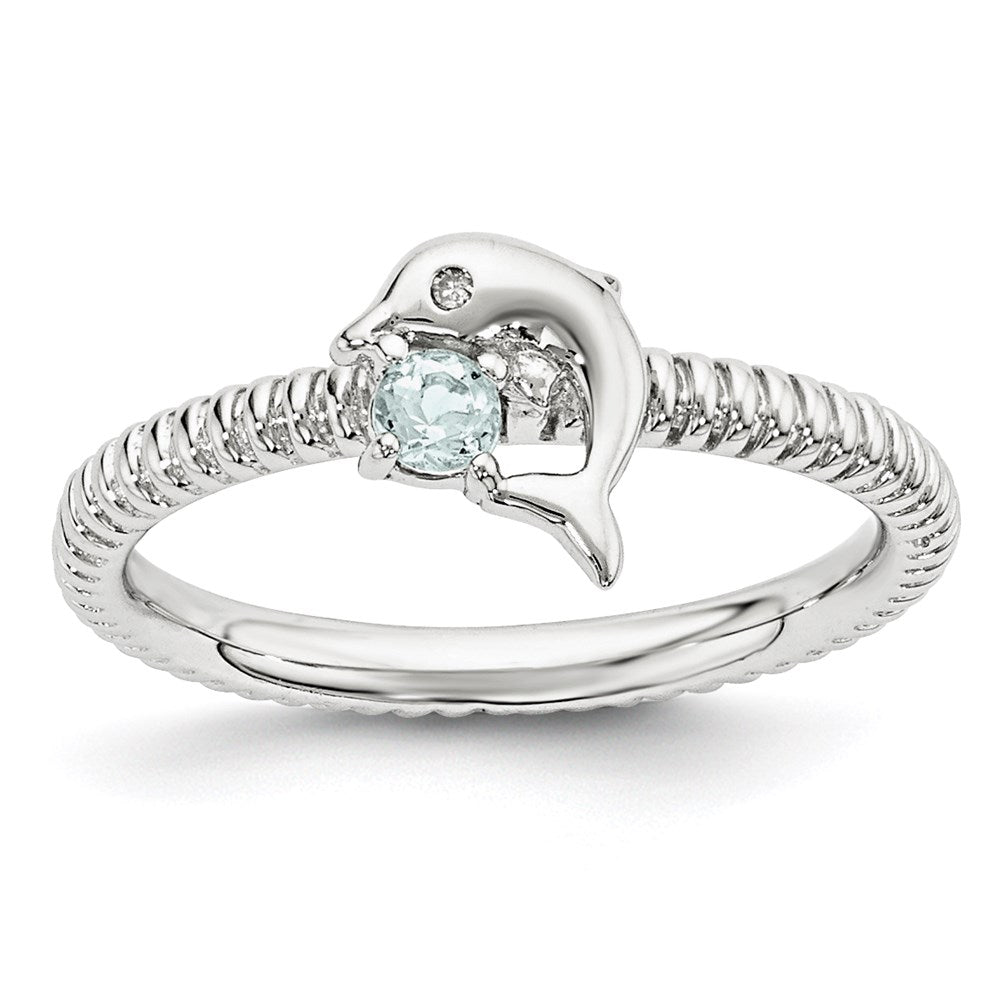 Sterling Silver Stackable Expressions Aquamarine & Diamond Dolphin Ring, 0.095 ct, Size 7, 2.25 mm