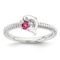 Sterling Silver Stack Exp Pink Tourmaline & Diamond Dolphin Ring, 0.155 ct, Size 7, 2.25 mm