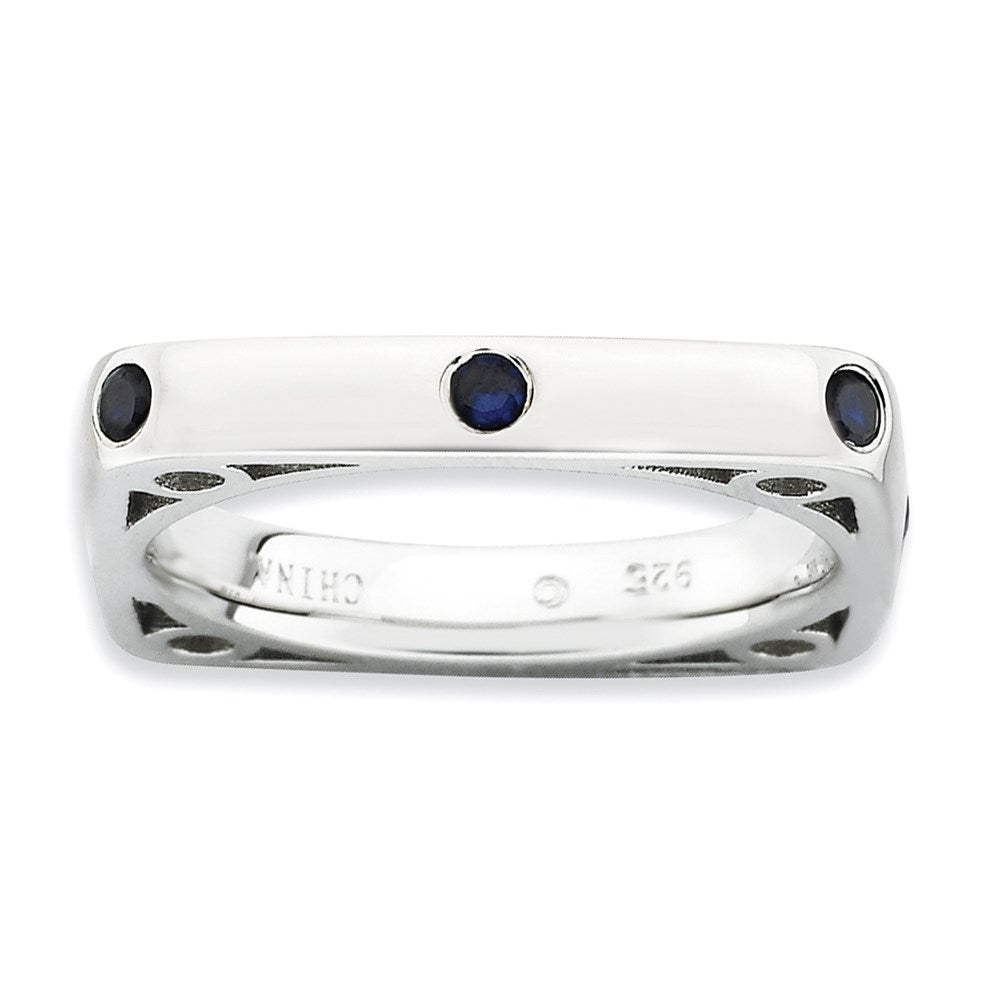 Sterling Silver Stackable Expressions Polished Created Sapphire Square Ring, 0.35 ct, Size 9, 3.25 mm