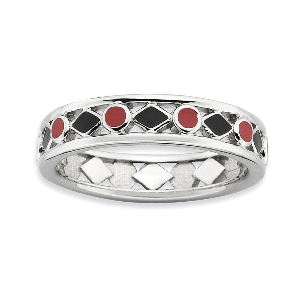 Sterling Silver Stackable Expressions Polished Black/Red Enameled Ring, Size 7, 4.5 mm