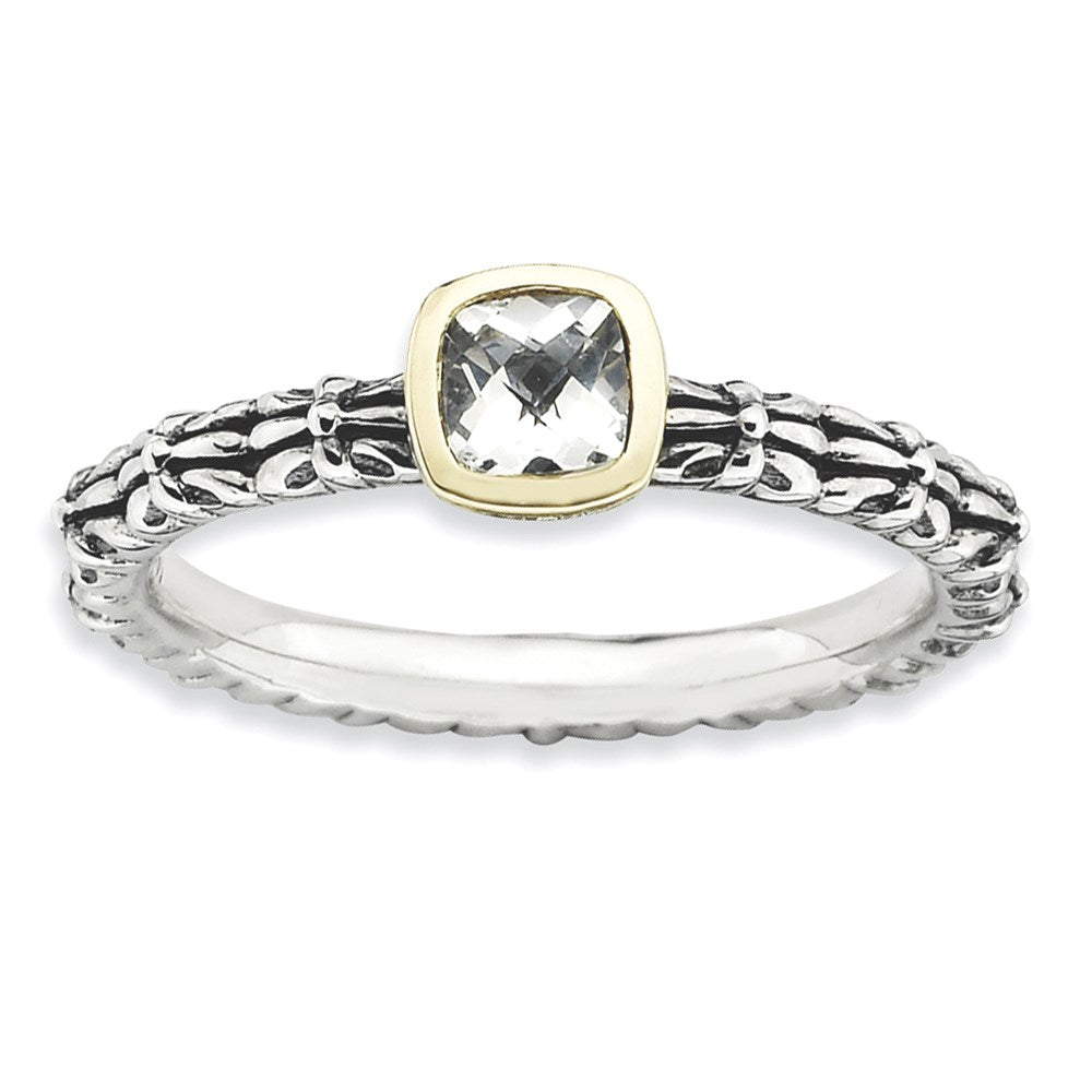 Sterling Silver & 14k Stackable Expressions Checker-cut White Topaz Ring, Size 9, 2.5 mm