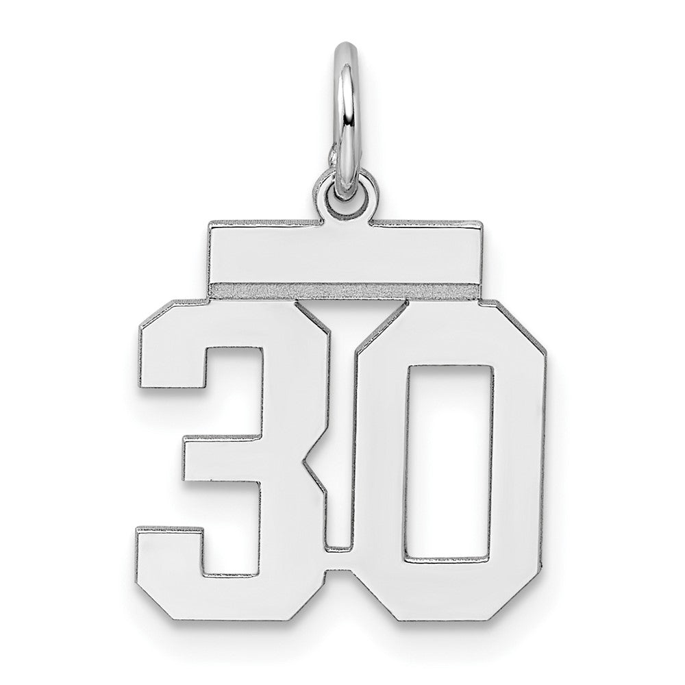 Sterling Silver/Rhodium-plated Polished Number 30 Charm, 20 x 8 mm