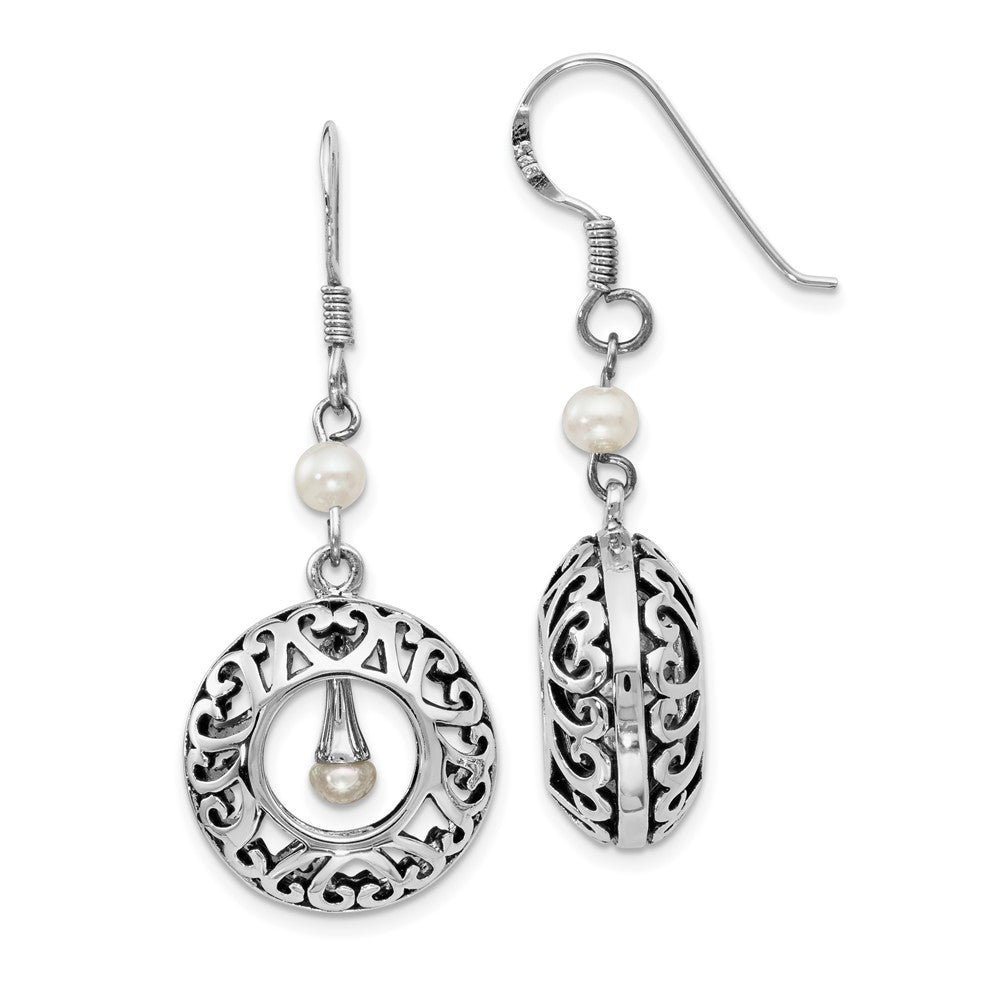 Sentimental Expressions Sterling Silver Rhodium-plated Antiqued FW Cultured Pearls of Wisdom Dangle Earrings, 40 x 17 mm