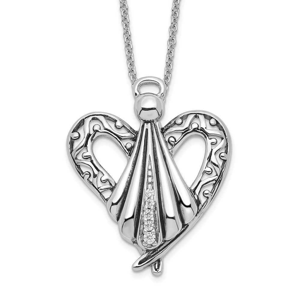 Sentimental Expressions Sterling Silver Rhodium-plated CZ Antiqued Angel of Friendship 18in Necklace, 18 mm