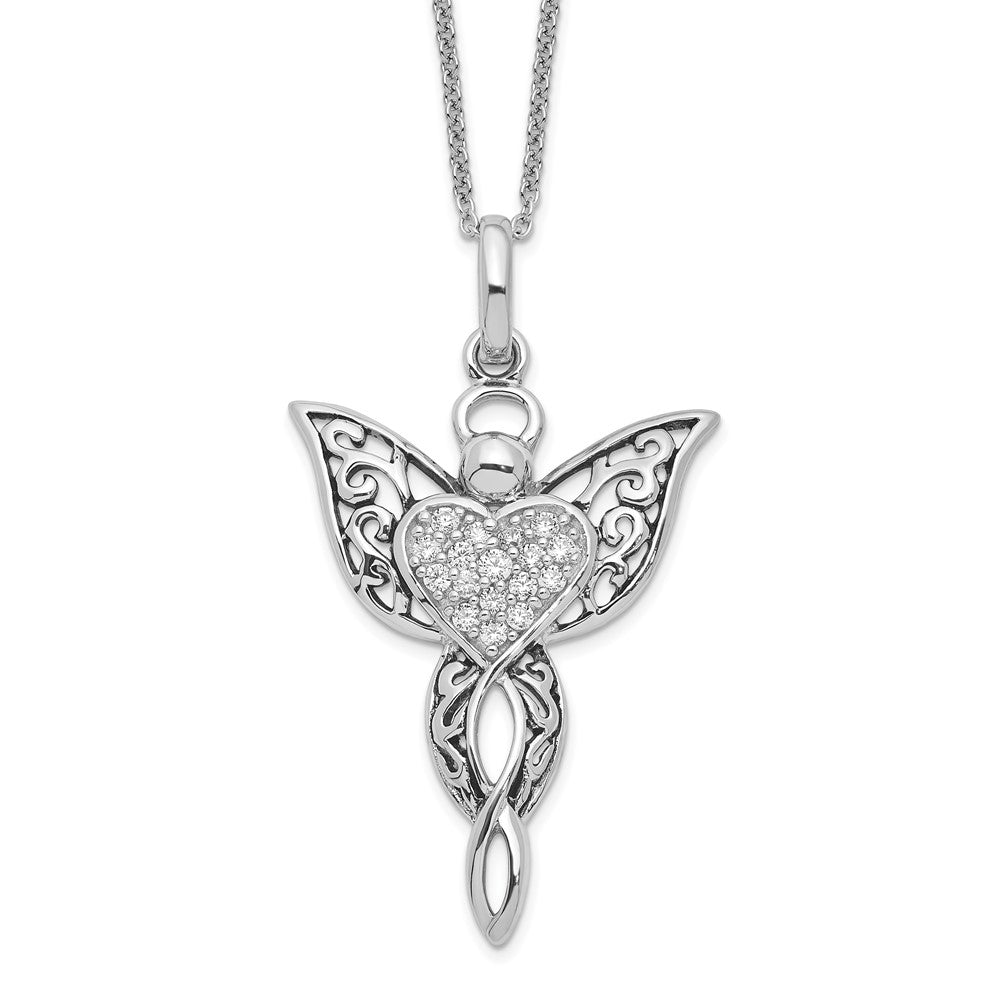 Sentimental Expressions Sterling Silver Rhodium-plated CZ Antiqued Angel of Blessing 18in Necklace, 18 mm