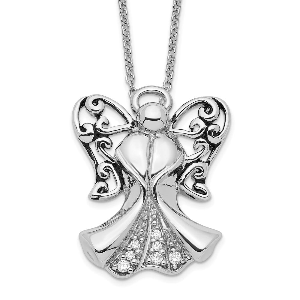 Sentimental Expressions Sterling Silver Rhodium-plated CZ Antiqued Angel of Strength 18in Necklace, 18 mm