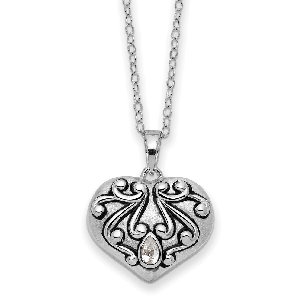 Sentimental Expressions Sterling Silver Rhodium-plated Antiqued CZ Heart Remembrance Ash Holder 18 Inch Necklace, 18 mm