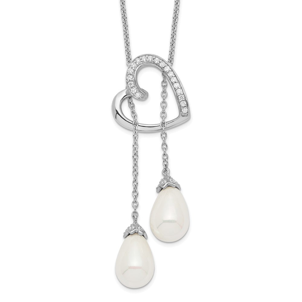 Sentimental Expressions Sterling Silver Rhodium-plated FW Cultured Pearl CZ Two Become One 18in Heart Necklace, 18 mm