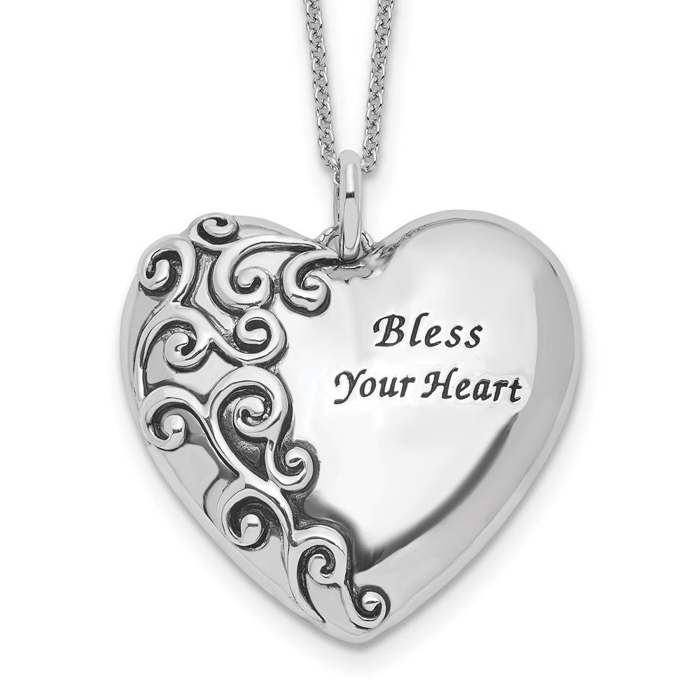 Sentimental Expressions Sterling Silver Rhodium-plated Antiqued Bless Your Heart 18in Necklace, 18 mm