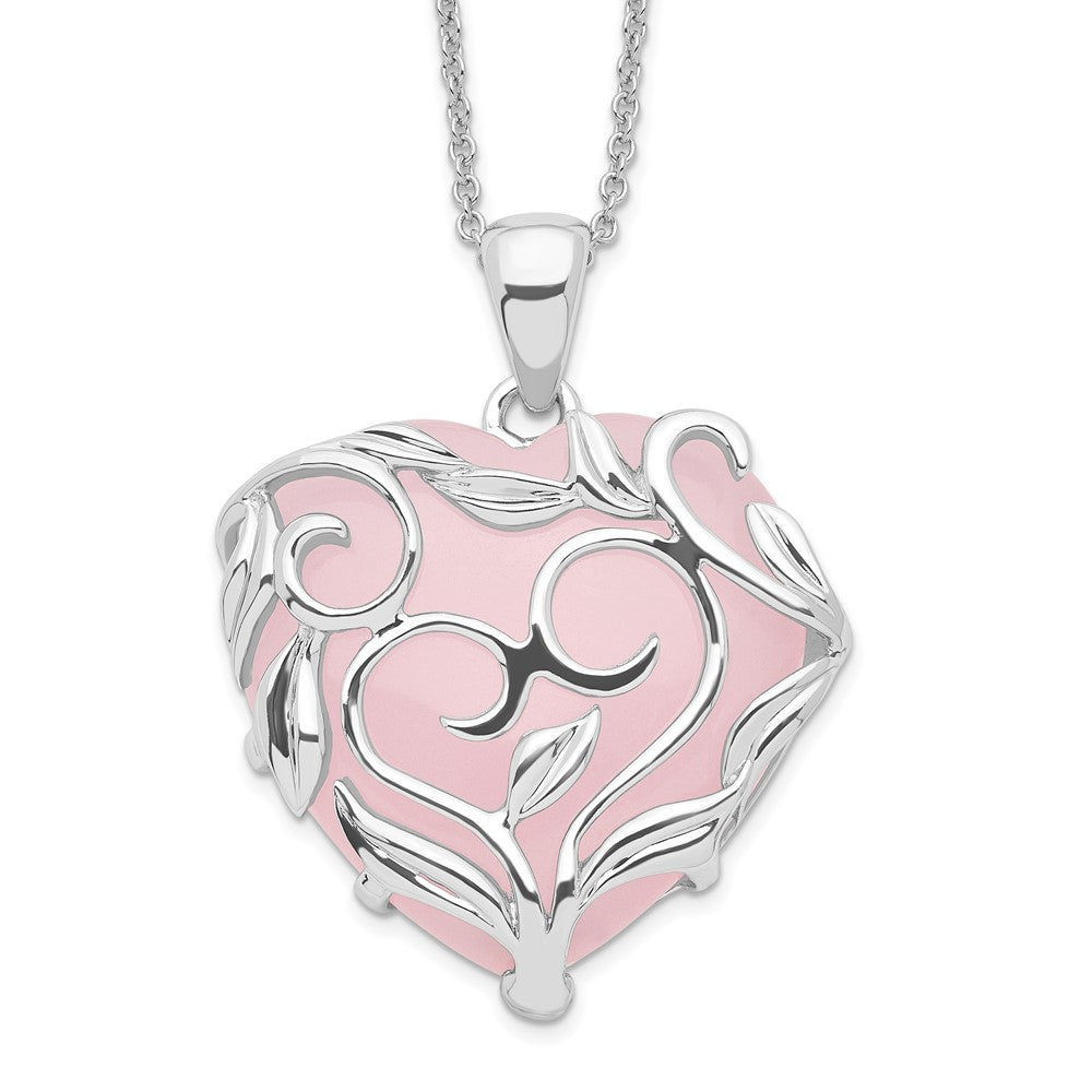 Sentimental Expressions Sterling Silver Rhodium-plated Rose Quartz Generous Heart 18 inch Necklace with Poem Card, 18 mm
