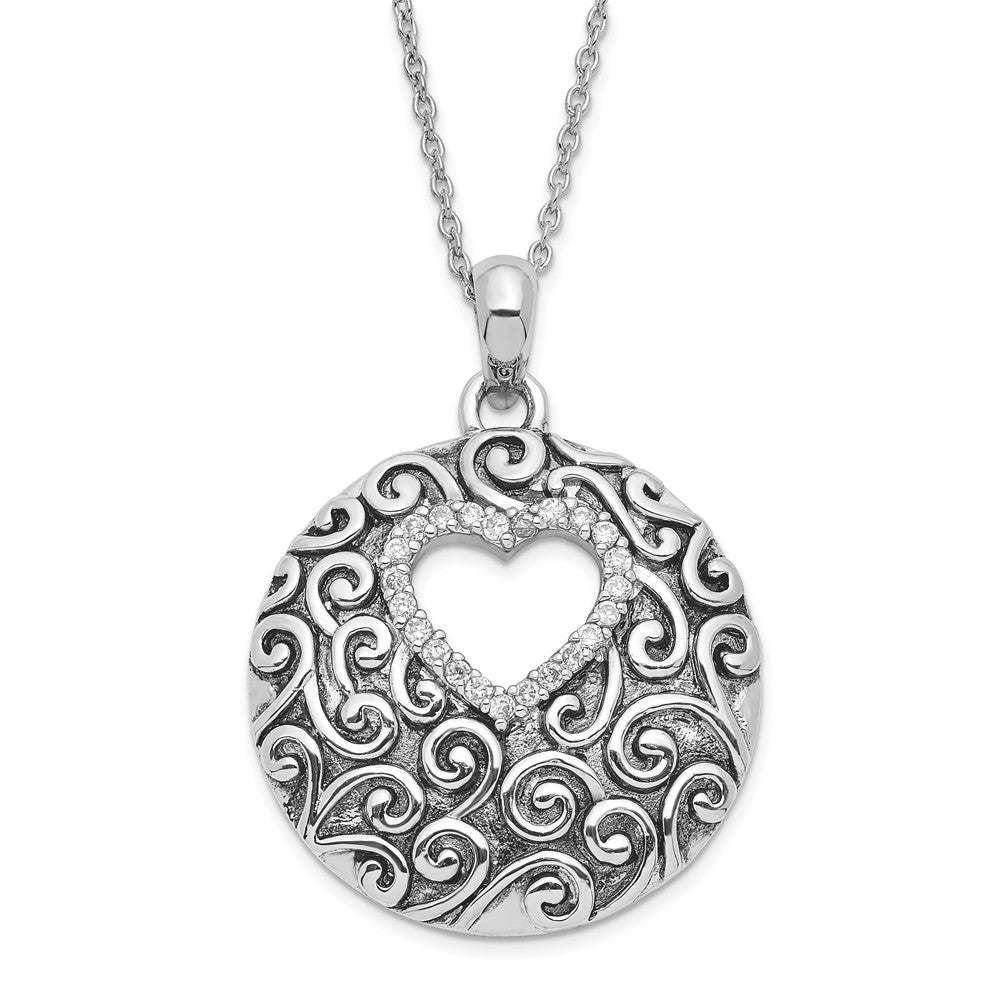 Sterling Silver Antiqued CZ The Heart Of A Family Heart Necklace, 18 x 24.4 mm