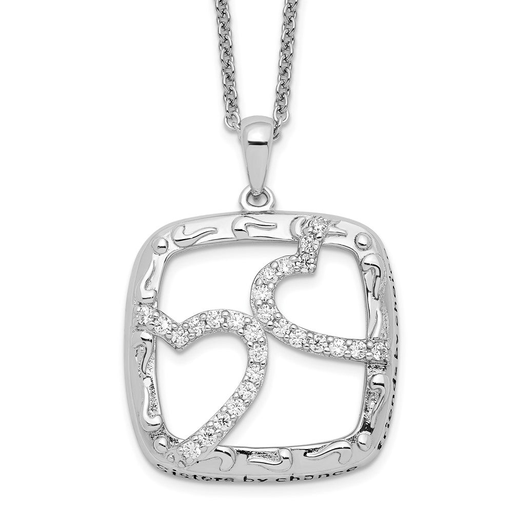 Sentimental Expressions Sterling Silver Rhodium-plated Antiqued CZ Sisters By Chance 18in Hearts Necklace, 18 mm